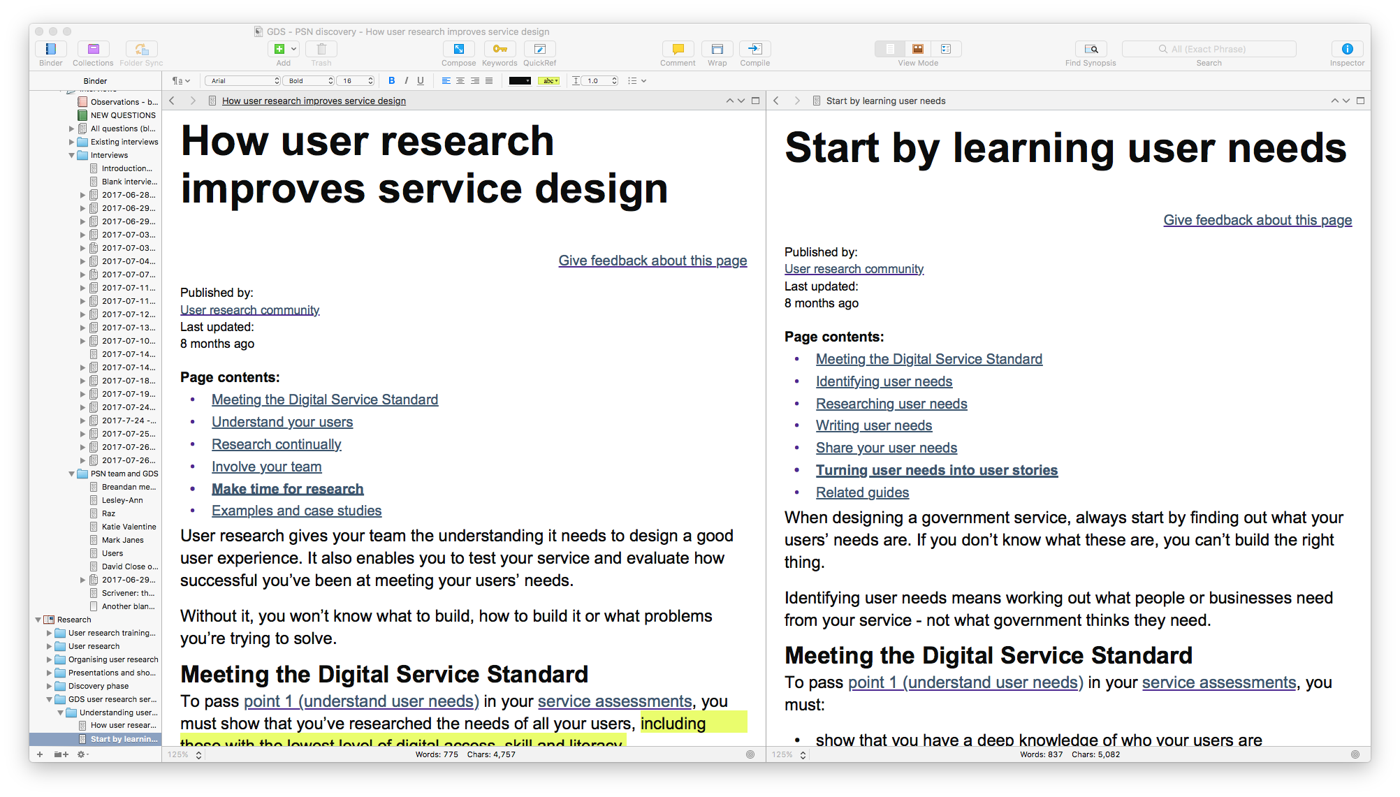 Scrivener being used for user research